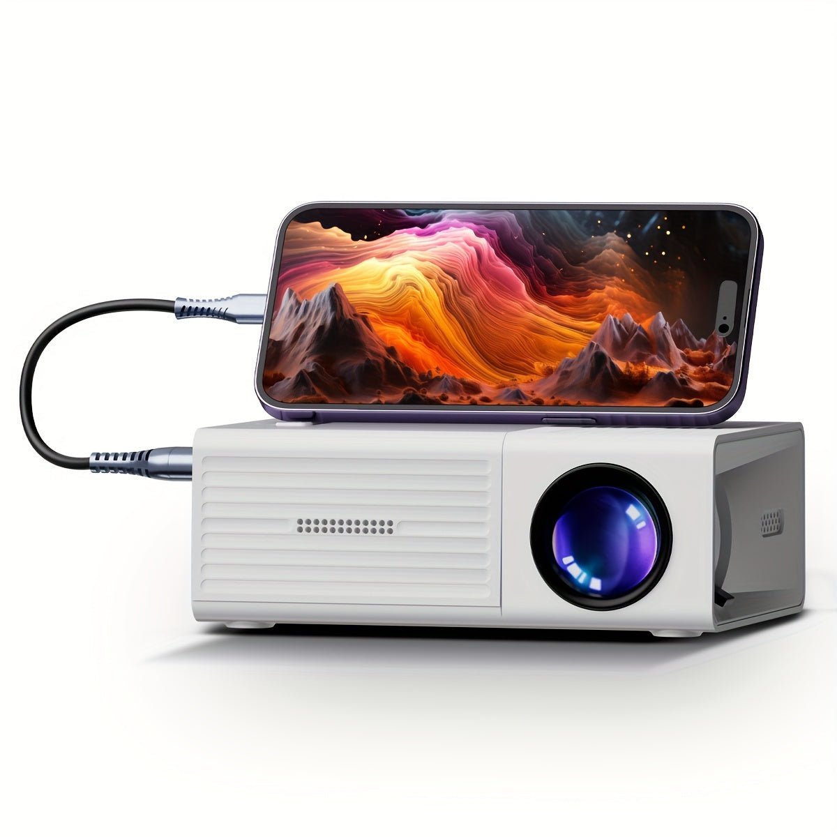Mini LED projector featuring 3000 lumens brightness, designed for portable indoor and outdoor use, showcasing sleek design and vibrant image quality. 0